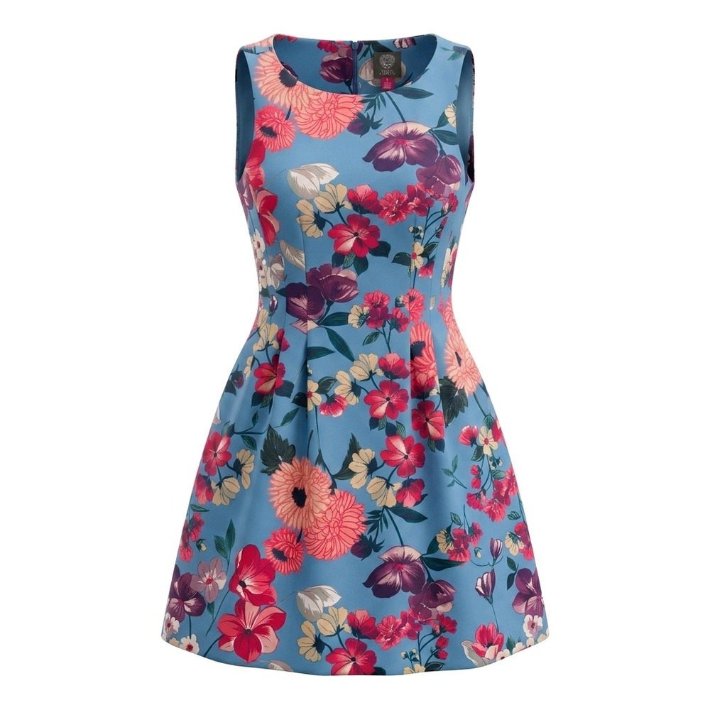Vince Camuto Blue Floral Fit and Flare Pleated Pocket Dress Size 4